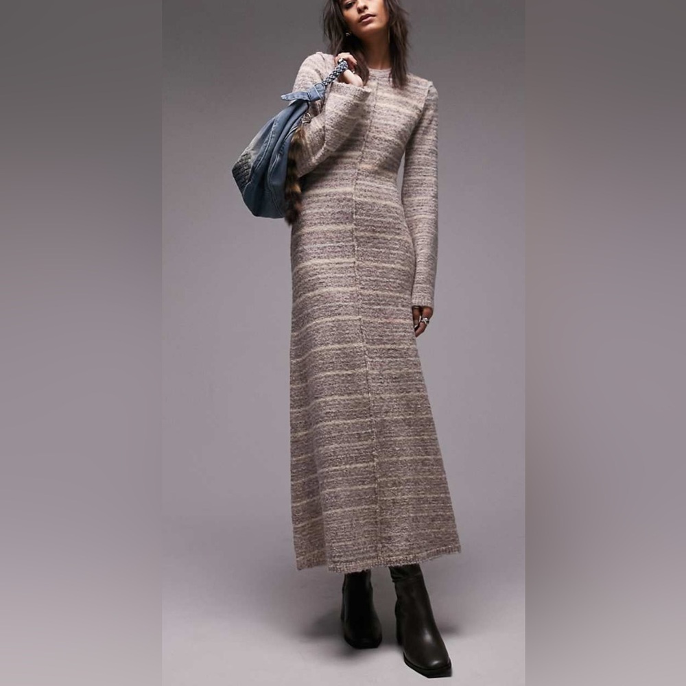 Topshop knit long sleeve outside seam stripe space dye maxi dress Small NWT